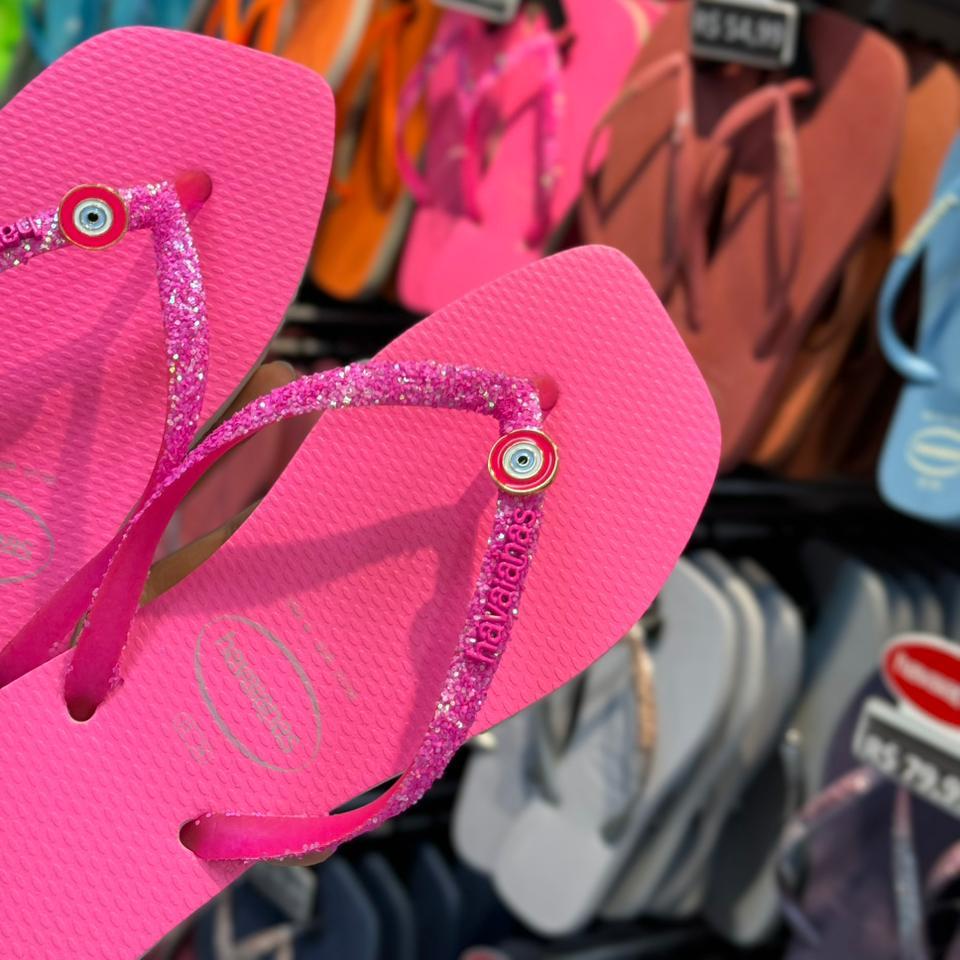 Havaianas Slim Square Glitter Neon + Pin Olho Grego Fixo