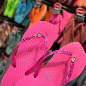 Havaianas Slim Square Glitter Neon + Pin Olho Grego Fixo